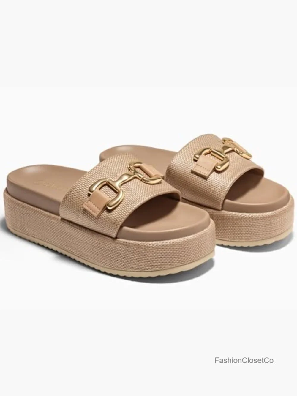 Raffia Platform Sandals with Metal Chain Espadrilles Slides